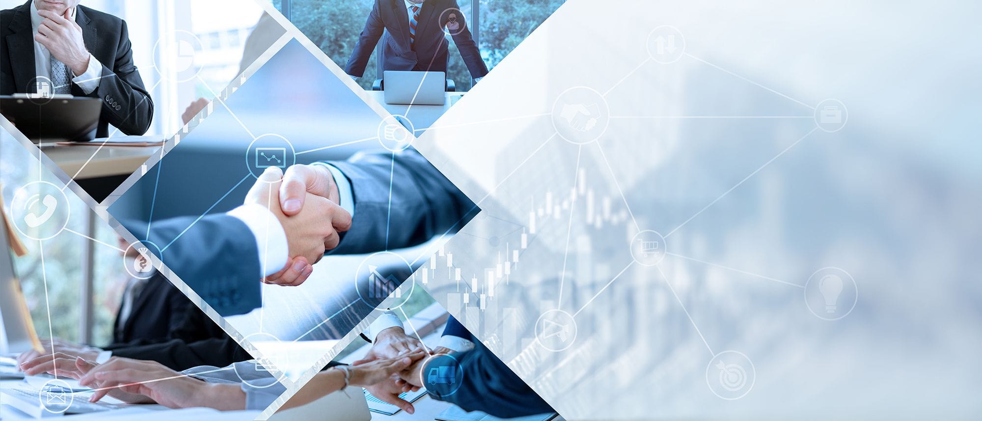 ビジネスマンの握手や会議風景をコラージュで組み合わせたデザイン